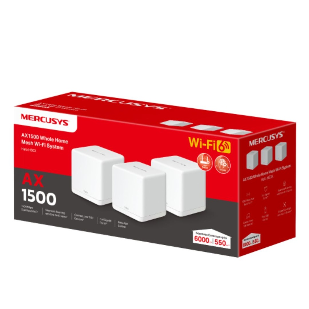 [6957939001353] 6957939001353 Mercusys Halo H60X(3-pack) AX1500 Whole Home Mesh Wi-Fi 6 System, 300 Mbps at 2.4 GHz + 1201 Mbps at 5 GHz, QoS, IPTV, IPv6, MU-MIMO, Beamforming, Sma