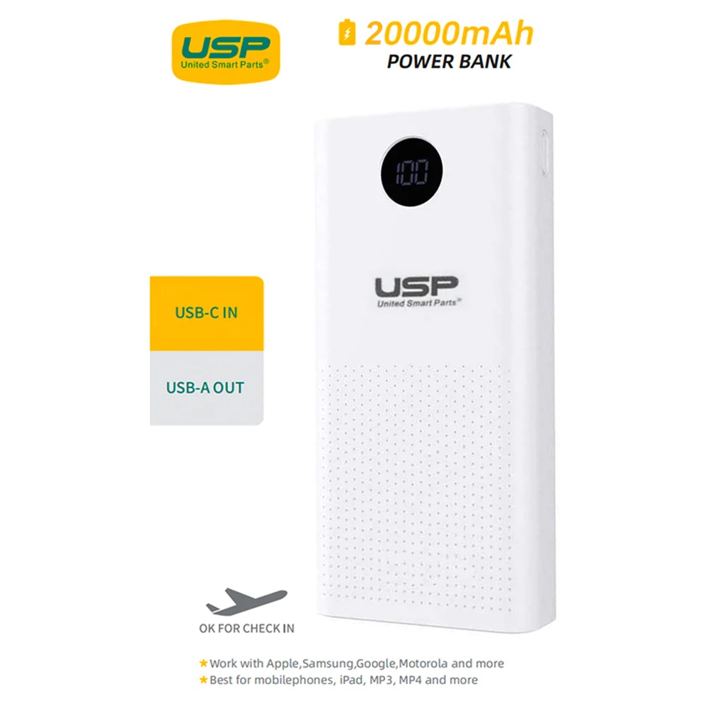 [6972890208115] 6972890208115 USP 20K mAh Power Bank - White, 2 USB-A Outputs (5W  10W), 2 USB Input, Digital Display, Comfortable Grip, Charge 2 Devices, Intelligent Matching