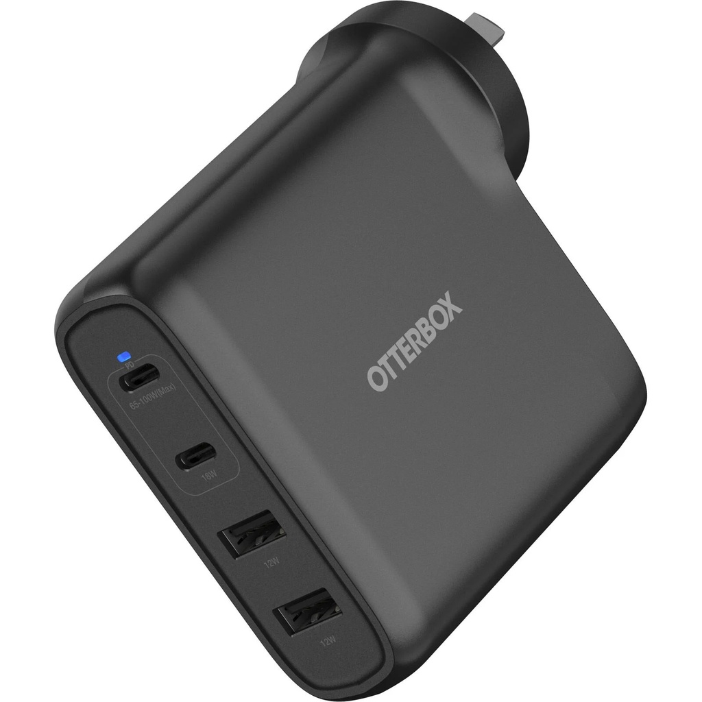 [840304749775] 840304749775 OtterBox 100W Four Port USB-C (Type I) PD Fast GaN Wall Charger - Black (78-81355), Dual USB-C (100W+18W), Dual USB-A (18W), 2 Years Warranty