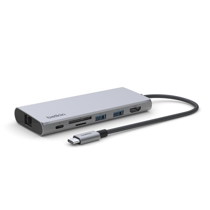 [745883842797] 745883842797 Belkin Connect USB-C® 7-in-1 Multiport Adapter - Grey (INC009btSGY), 2xUSB-A 1xUSB-C 100W Power Delivery 1xGbE 1xSD 1xMicro SD 4K HDMI 2YR