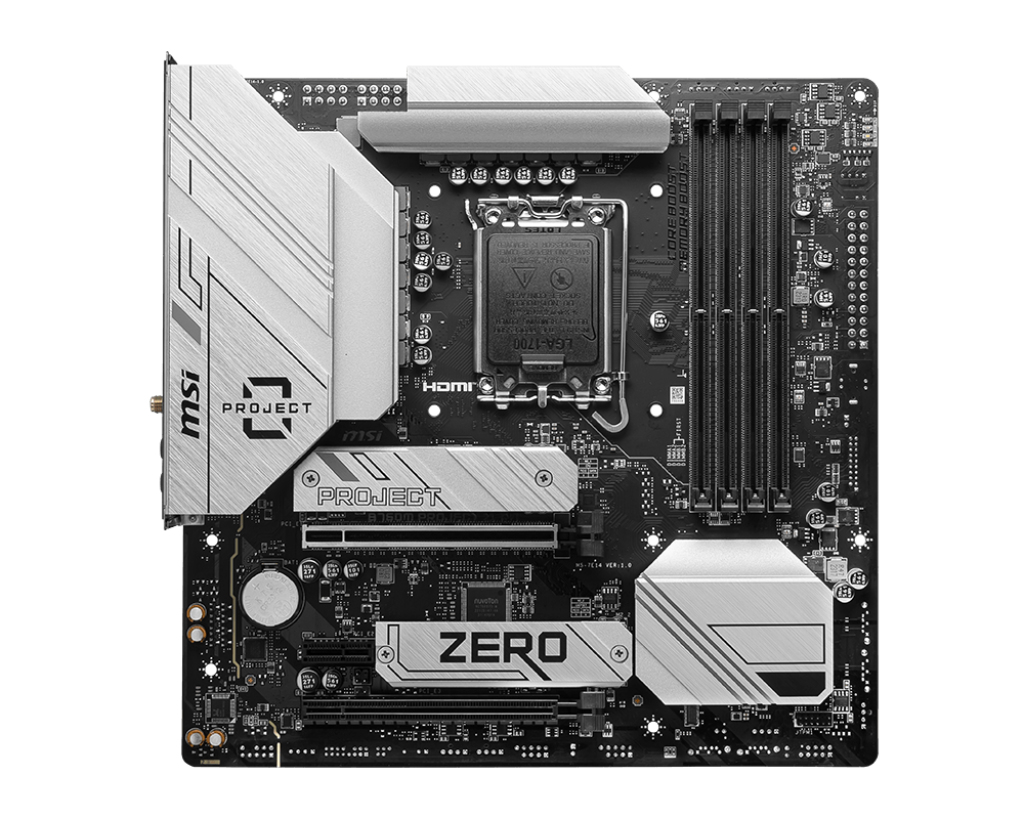 [4711377143660] 4711377143660 MSI B760M PROJECT ZERO  Motherboard, INTEL B760, 4x DDR5 256GB, 1x HDMI, 2x PCI-E x16 slot, 2x M.2, 8x USB 2.0, Wi-Fi 6E