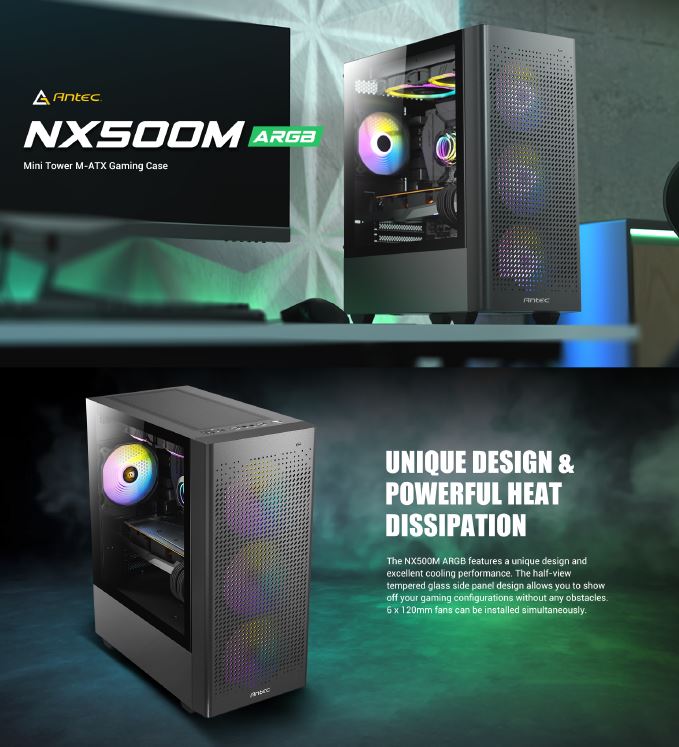 [761345810579] 761345810579 Antec NX500M ARGB  mATX, Mesh, USB-C, 3x ARGB 120mm, USB 3.0, HD Audio, 360mm Radiator Front  240 Top, 2x ARGB Front, 1 x Rear, removable HDD, Case