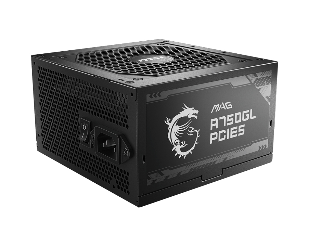 4711377084284 MSI MAG A750GL PCIE5 750W Up to 90% (80 Plus Gold) ATX Power Supply Unit, PFC, 100~240 VAC, 750W, 47-63Hz, PCI-E, SATA, FDD