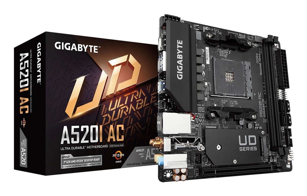 [889523023785] 889523023785 Gigabyte A520I AC 1.4 AMD Mini-ITX MB 2xDDR4 1xM.2 PCIE3.0 1xDP 2xHDMI  802.11ac WIFI RGB Fusion
