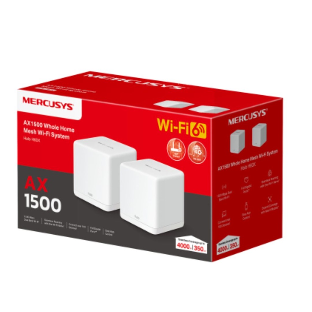 [6957939001285] 6957939001285 Mercusys Halo H60X(2-pack) AX1500 Whole Home Mesh Wi-Fi 6 System, 300 Mbps at 2.4 GHz + 1201 Mbps at 5 GHz, QoS, IPTV, IPv6, MU-MIMO, Beamforming, Sma
