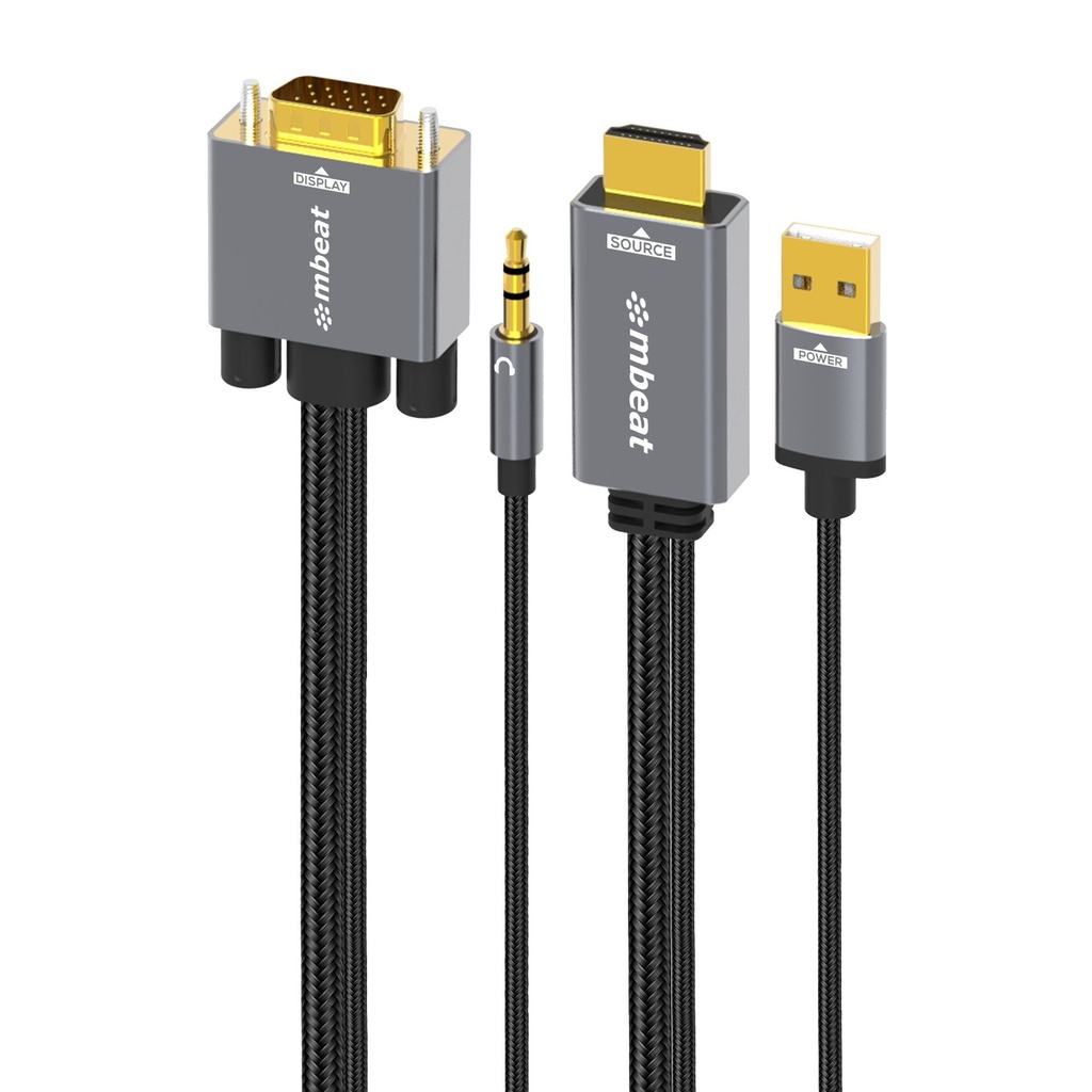 [9346396003586] 9346396003586 mbeat Tough Link 1.8m HDMI to VGA Cable with USB Power  3.5mm Audio Up to 1080p@60Hz (1920×1080) HDMI (Male)×1; USB-A (Connect to Power)×1