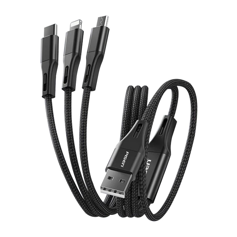 [6902957227292] 6902957227292 Pisen Braided 3-in-1 USB-A to Lightning + USB-C + Micro-USB Cable (1.5M) - Black, 3A/15W, Aluminum Alloy, Wear-Resistant, Faster Charging Speeds