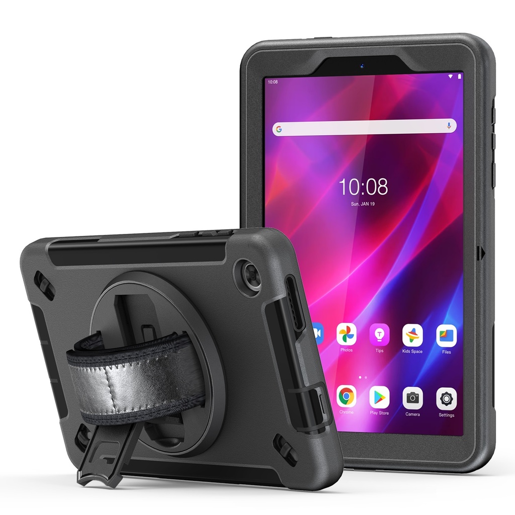 6976552042970 Generic Rugged Lenovo Tab M8 (4th Gen) (8") (TB-300) Case + Screen Protector Black - Built-in-Kickstand, Adjustable Hand Strap, Shoulder Strap