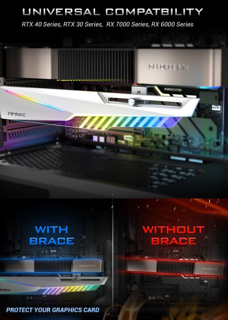 [761345777490] 761345777490 Antec HGPU Bracket Dagger White ARGB - PCI Slot mount. 5 holes. Horizontal GPU 170-270mm. universal case support,Tool-Less. Adjustable Support column.