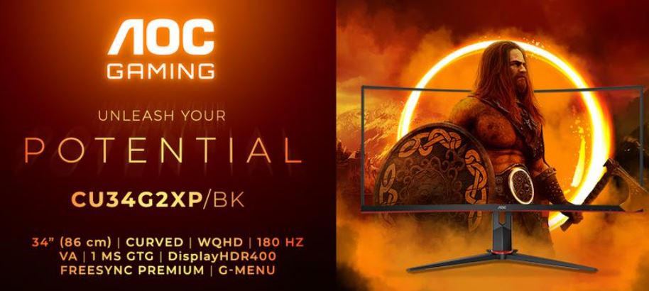 [6973985231643] 6973985231643 AOC 34" Curved 3440 x 1440 21:9, 1ms, 400cd/m2 HDR, Ultra Fast 180Hz Panel, Adaptive Sync, HDMI: 2.2, DisplayPort: 1.4 Gaming Monitor