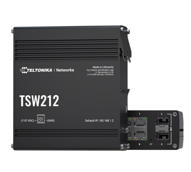 [4779051841370] 4779051841370 Teltonika TSW212 Managed Ethernet Switch, L2 with additional L3 Features, Supports Profinet, 8 x Gigabit Ethernet Ports, 2 x SFP Ports, PSU excluded