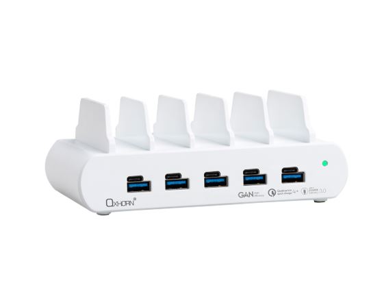 [9360330001087] 9360330001087 Oxhorn PoverDelivery150W 5 Port (A+C) Fast Charging Dock with build-in rack5 Port USB-A USB-C PD3.0 QC4.0 PPS 100-240V AC input White