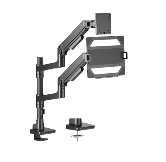 [6956745179621] 6956745179621 Brateck LDT81-C024P-ML-B NOTEWORTHY POLE-MOUNTED HEAVY-DUTY GAS SPRING DUAL MONITOR ARM WITH LAPTOP HOLDER Fit Most 17"-49" Monitor Black(LS)