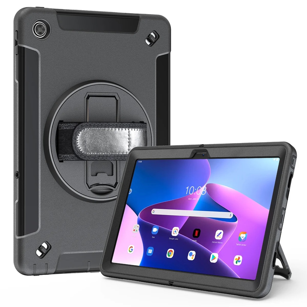 6976552042994 Generic Rugged Lenovo Tab M10 Plus (10.6") (3rd Gen) Case + Screen Protector Black - Built-in-Kickstand, Adjustable Hand Strap