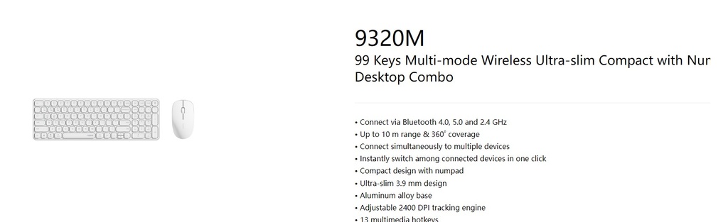 [6940056128386] 6940056128386 RAPOO 9320M Bluetooth 4.0, 5.0 + 2.4G  Wireless Multi-mode Keyboard Mouse Combo, Aluminum Base, 2400 DPI, 10M Range, Compact White Retail Pack