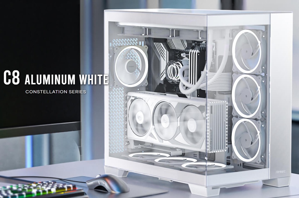 [761345100939] 761345100939 Antec C8 Aluminum White E-ATX Seamless Edge View Front and Side, USB-C, 4mm Tempered Glass, 360mm liquid cooler top, bottom, side. 2x USB 3.0 Case.