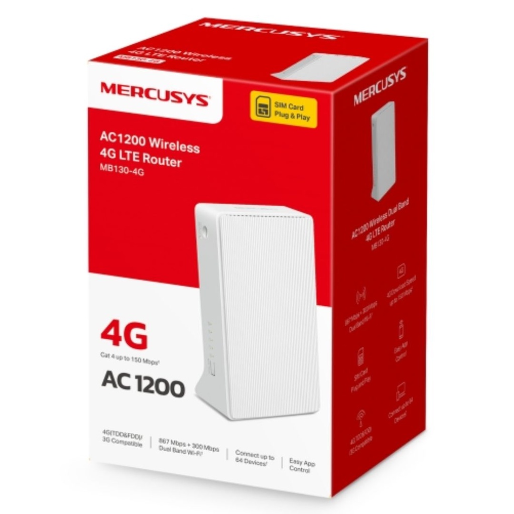 [6957939001971] 6957939001971 Mercusys MB130-4G AC1200 Wireless Dual Band 4G LTE Router, up to 150 Mbps, Dual Band 1200 Mbps WiFi
