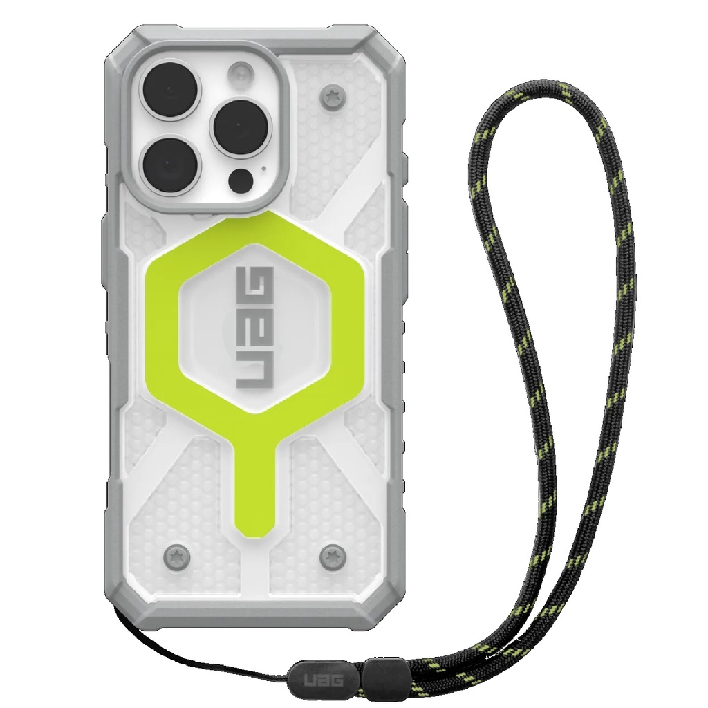 [840283915390] 840283915390 UAG Pathfinder Clear MagSafe Apple iPhone 16 Pro (6.3") Rugged Case + Black Neon Lanyard - Active Neon (1144641BV01), 10 Years Warranty