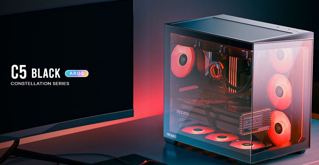 [761345100335] 761345100335 Antec C5 ARGB ATX, mATX Seamless Edge to Edge, Black, 270 degrees, 7x ARGB + PWM Controller, 4090 Back Connect, USB-C, Dual Chamber Gaming Case