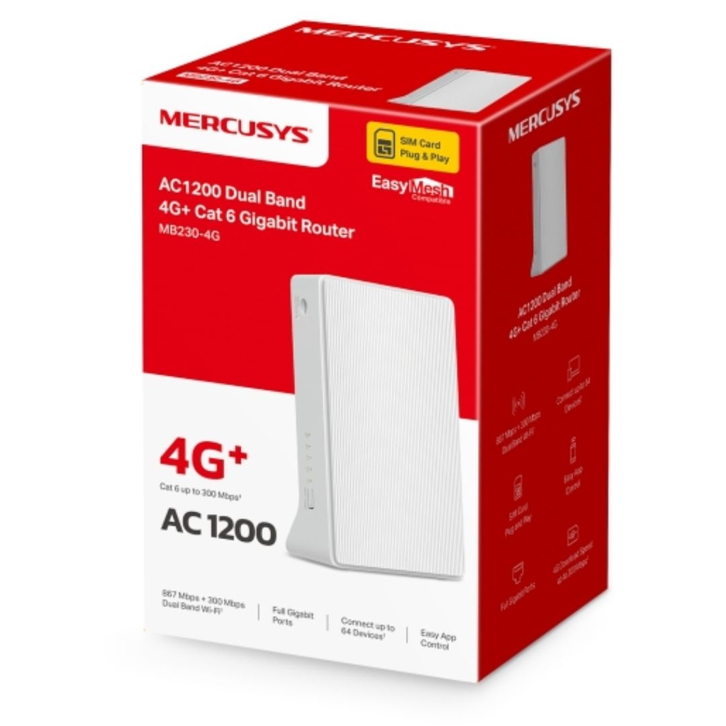 [6957939001827] 6957939001827 Mercusys MB230-4G AC1200 Wi-Fi 4G LTE Router, Build-In 150Mbps 4G LTE Modem,  300 Mbps at 2.4 GHz, 867 Mbps at 5 GHz, 4G Cat4 150/50 Mbps,Nano SIM Car