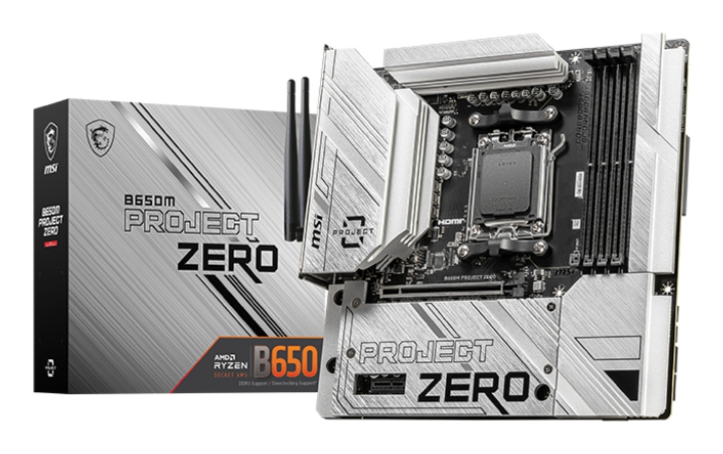 [4711377126649] 4711377126649 MSI B650M PROJECT ZERO Motherboard, AMD B650, 4x DDR5 128GB, 1x HDMI, 2x M.2, USB 3.2 Type A  x9