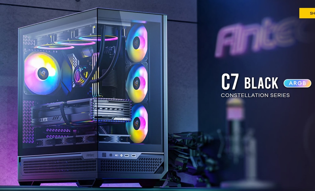[761345101356] 761345101356 Antec C7-ARGB ATX,E-ATX Seamless Panoramic 270 View, USB-C, 4x ARGB PWM Fans. Side Radiator Support. RTX 4090, Back Connect MBs, Flip Door, Black Case