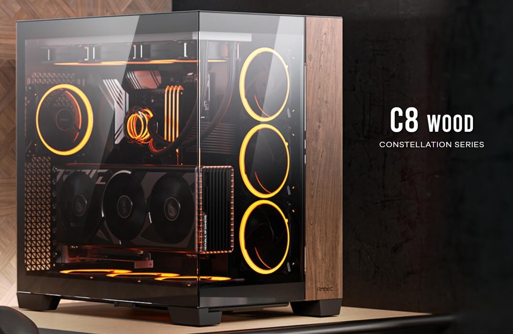 [761345100793] 761345100793 Antec C8 Wood ATX, E-ATX, Seamless Edge View Front and Side, USB-C, 4mm Tempered Glass, 360mm liquid cooler top, bottom, side. 2x USB 3.0 Black Case.