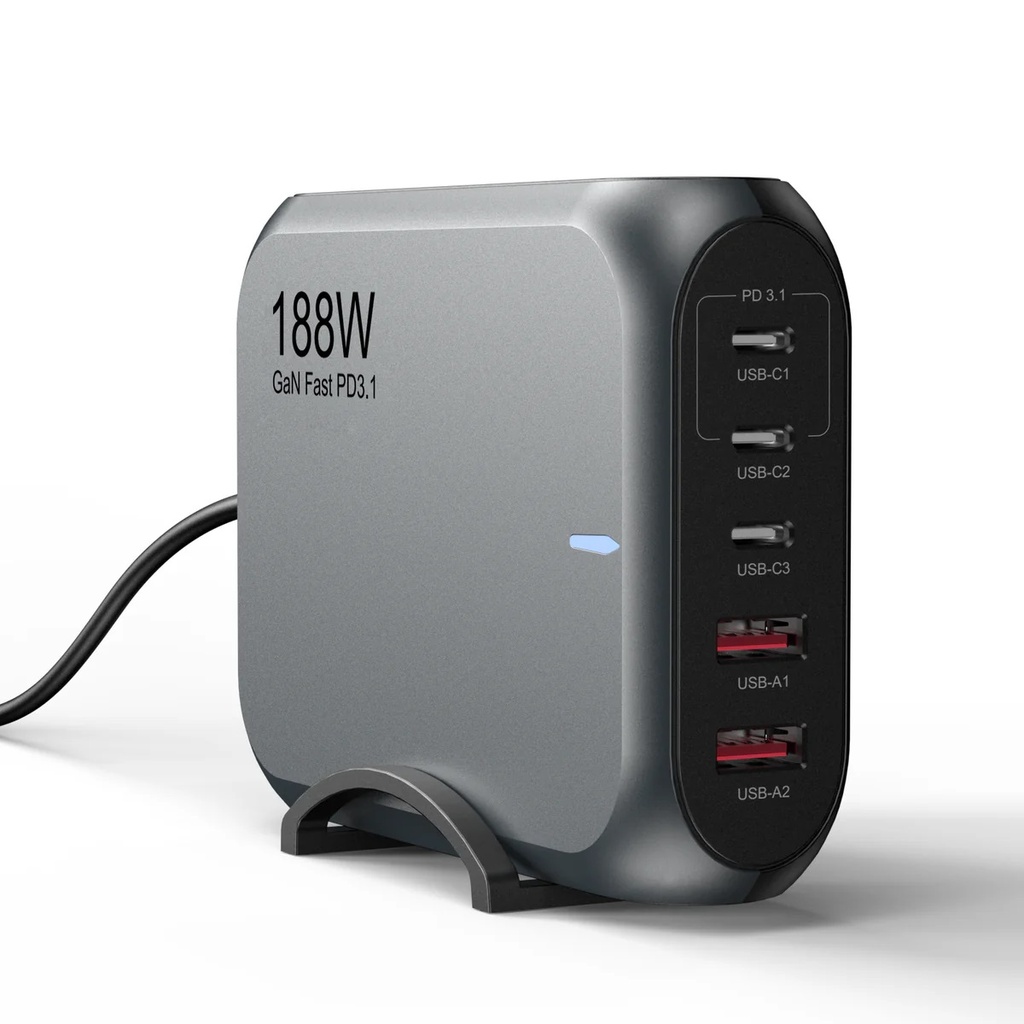 [6976552041621] 6976552041621 USP 188W Five Ports USB-C PD GaN Wall Charger Black - 3x USB-C, 2x USB-A, Efficient, High Quality, Tablet, Laptop,Watch, iPhone, Samsung Galaxy