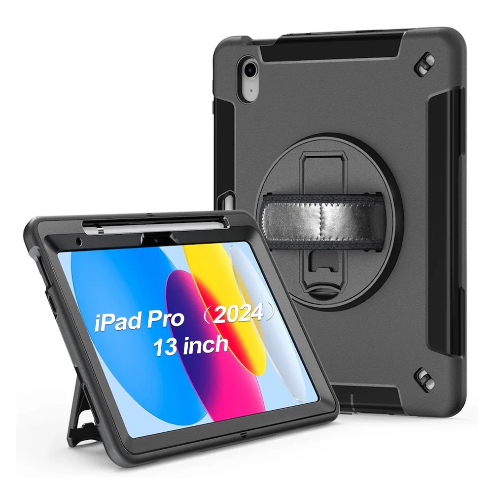 [6976552043038] 6976552043038 Generic Rugged Apple iPad Pro M4 (13") (7th Gen) Case Black - Built-in-Kickstand, Adjustable Hand Strap, Pen Holder, DropProof