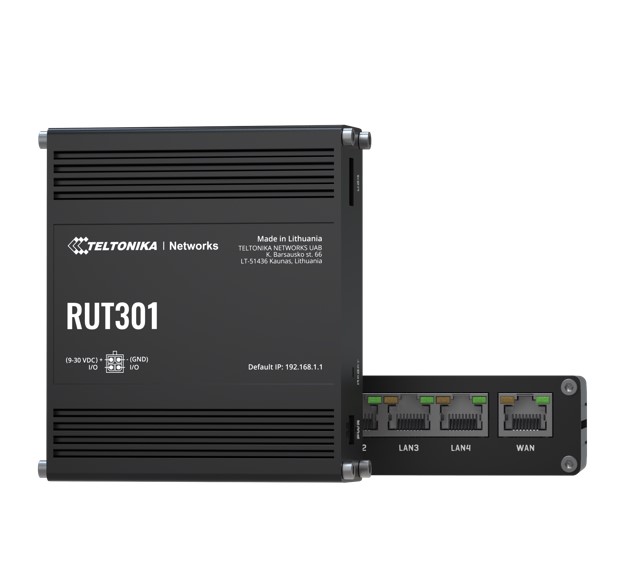[NHT-RUT301] NHT-RUT301 Teltonika RUT301 Industrial Ethernet Router, Rugged Industrial Ethernet Router, 5 Ethernet Ports, 2 Configurable Digital Inputs/Outputs, PSU included