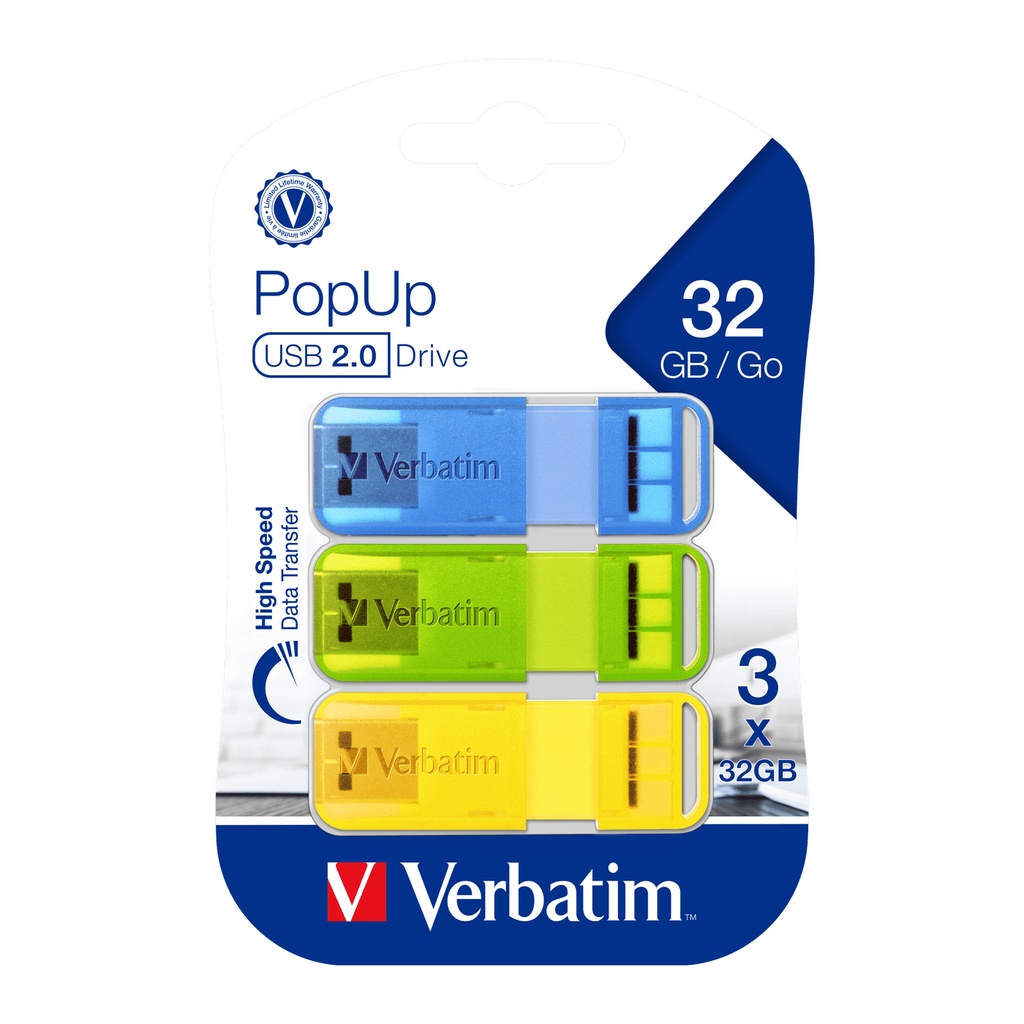 [4895117967614] 4895117967614 Verbatim Pop-Up 32GB USB 2.0 Triple Pack - Assorted Bright Colours, Blue, Green, Yellow