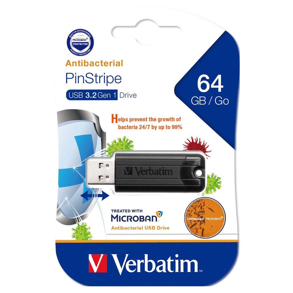 [4895117967768] 4895117967768 Verbatim 64GB Antibacterial Pinstripe USB 3.0 Drive (with Microban®) Black