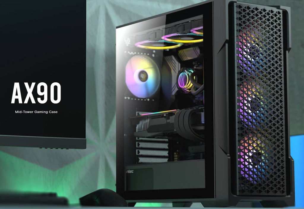 [761345100632] 761345100632 Antec AX90 ATX, 2x 360mm Radiator Support, 4x ARGB 12CM Fans 3x Front  1x Rear included. RGB controller for six fans. Mesh Tempered Glass Gaming Case