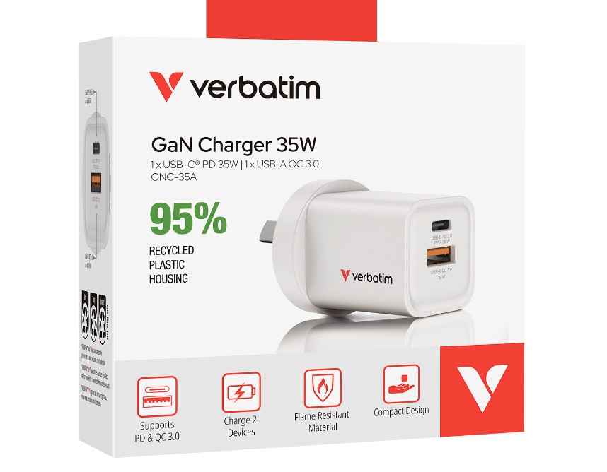 [4895117970157] 4895117970157 Verbatim 2 Port 35 Watt Portable GaN charger, 1 x USB-C PD 35w, 1x USB-A QC 3.0,