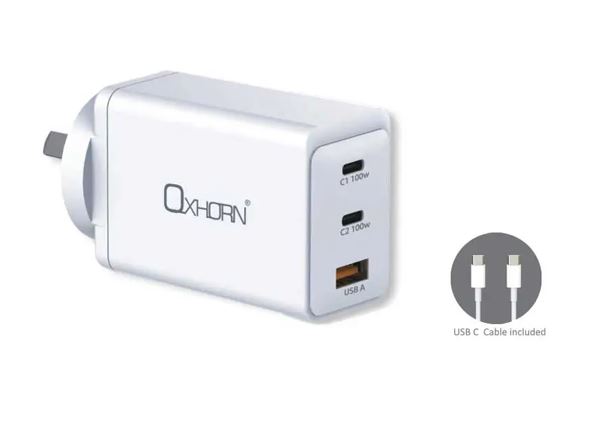 [9360330001735] 9360330001735 Oxhorn Charger Accessories AC 100W GaN Type C fast Charger 3 Ports 2xUSB-C 1xUSB-A PD3.0 QC4.0+ PPS for Laptop/Mobile/Tablet/Other Device White