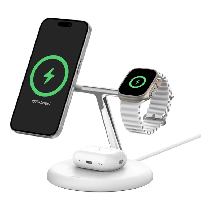 [745883868629] 745883868629 Belkin BoostCharge Pro 3-in-1 Magnetic Wireless Charging Stand with Qi2 15W White(WIZ023AUWH), 36W Power Supply With Attached USB-C Cable
