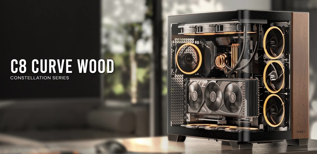 [761345101585] 761345101585 Antec C8 CURVE Wood E-ATX, ATX Seamelss View Front and Side, USB-C, 4mm Tempered Glass, 360mm liquid cooler top, bottom, side. 2x USB 3.0 Black Case.