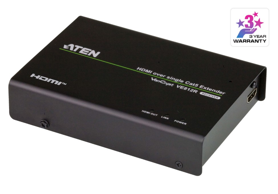 Aten HDMI HDBaseT Receiver, supports up to 4096 x 2160 @ 30 Hz (4:4:4) @ 70m (Cat 5e/6) and 100m (Cat 6A)