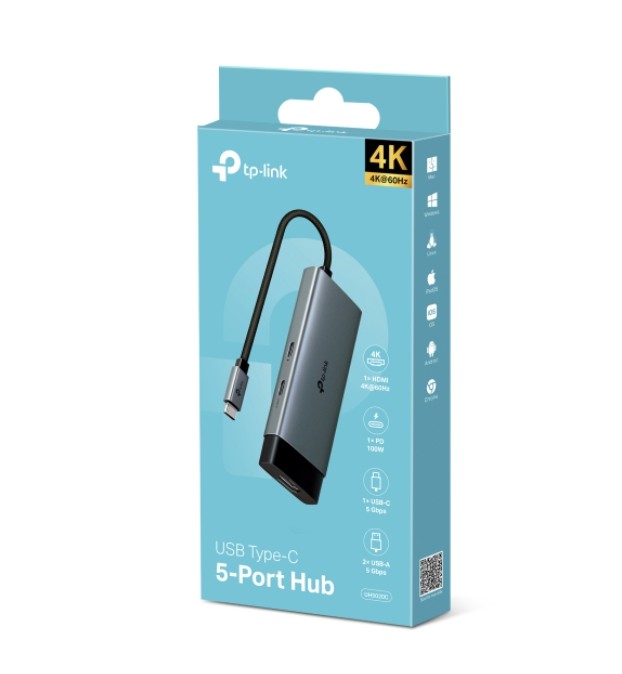 H5020C TP-Link U USB Type-C 5 in 1 Hub, 4K@60Hz HDMI, 100W Power Delivery, 1× USB-C Data Port, 2× USB-A Data Ports.