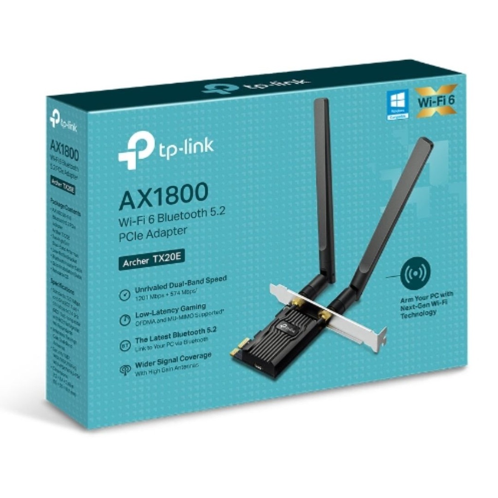 X1800 TP-Link Archer TX20E A Wi-Fi 6 Bluetooth 5.2 PCIe Adapter, 1201Mbps@5GHz, 574Mbps@2.4GHz