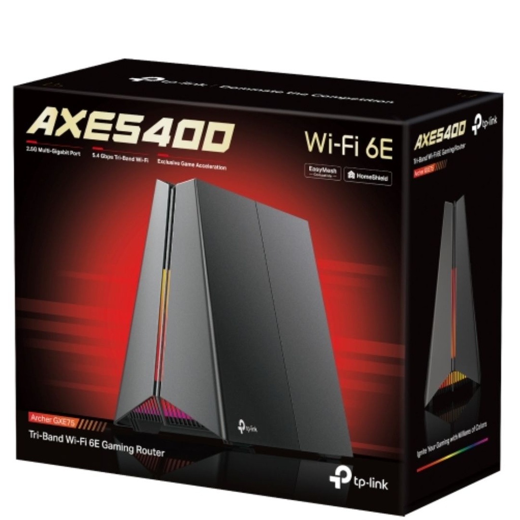 E5400 TP-Link Archer GXE75 AX Tri-Band Wi-Fi 6E Gaming Router, 574 Mbps at 2.4 GHz + 2402 Mbps at 5 GHz + 2402 Mbps at 6 GHz