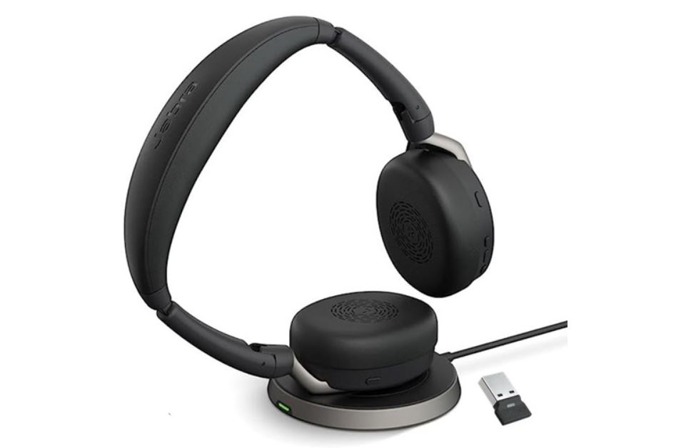 Jabra Evolve2 65 Flex MS Stereo Bluetooth Headset, Link380a USB-A Dongle  Wireless Charging Stand Foldable Design, 2Yr Warranty, 30m Wireless Range