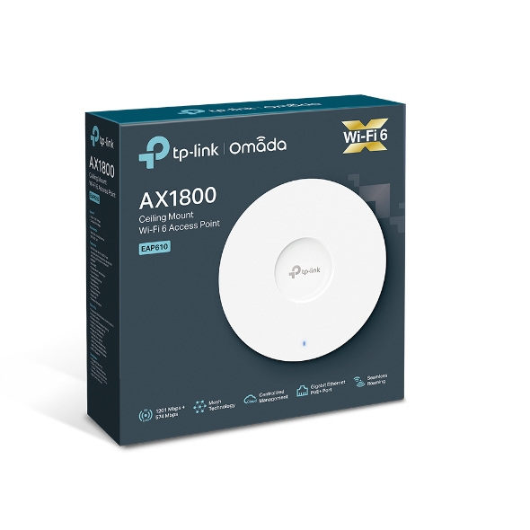 X1800 TP-Link EAP610 Omada A Wireless Dual Band Ceiling Mount Access Point, WiFi 6, 1201 Mbps 5GHz, Omada, Centralised Cloud, PoE+ Powered