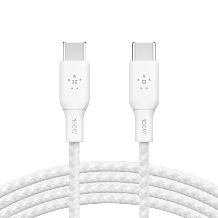 Belkin BoostCharge Braided USB-C to USB-C Cable (2m/6.6ft) - White (CAB014bt2MWH),100W,480Mbps,30K+,Samsung Galaxy,iPad,MacBook,Google,OPPO,Nokia,2YR