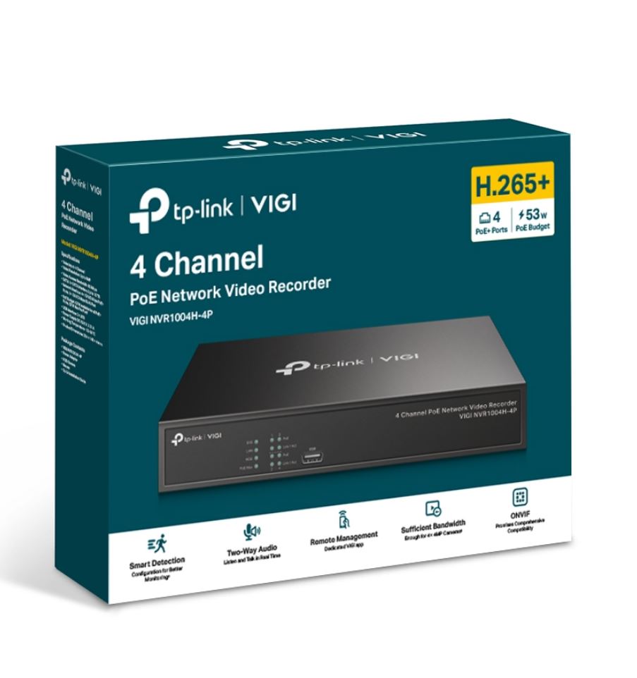 R1004H TP-Link VIGI NV-4P 4 Channel PoE+ Network Video Recorder, 24/7 Continuous Recording, 4K HDMI Video Output  16MP Decoding (HDD Not Included)