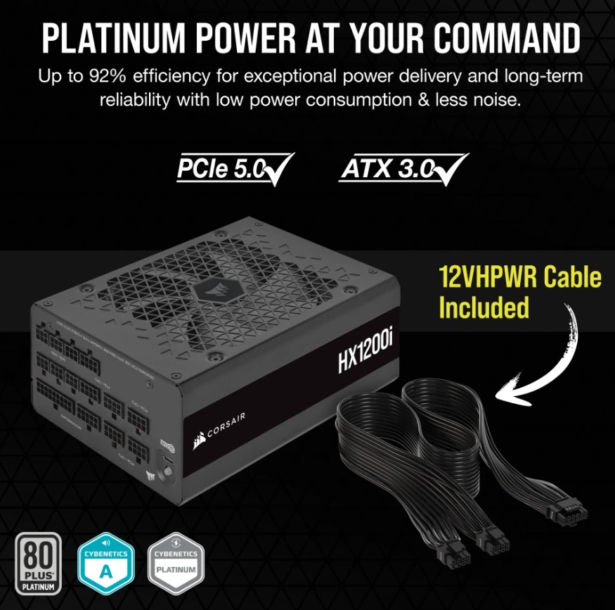 X1200 Corsair Hi ATX High Performance Platinum PSU, ICUE 2024. PCIe 5.0, ATX 3.0, 12VHPWR Cable included.