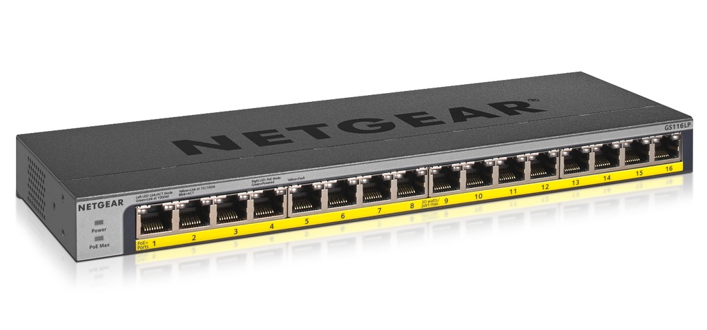 [GS116LP-100AJS] GS116LP-100AJS NETGEAR 16-Port PoE/PoE+ Gigabit Ethernet Unmanaged Switch with 76W PoE Budget, Rack-mount or Wall-mount (GS116LP)