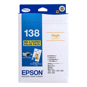 [T138695] T138695 EPSON T138 HIGH CAPACITY BUNDLE PACK,4 INKS+ 4X6 PHOTO PAPER