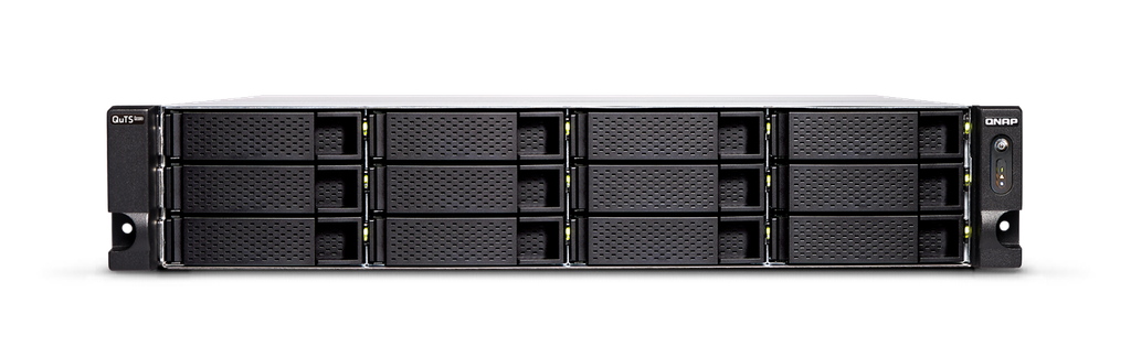 12-Bay QTS hero NAS, AMD Ryzen 5 3700X 8-core/16-thread 3.4 GHz processor, 32GB DDR4 RAM (max 128GB RAM), 12x 2.5"/3.5" SATA HDD/SSD, 2xGbE LAN