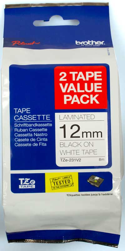 12MM BLACK ON WHITE TWIN PACK TZ TAPE